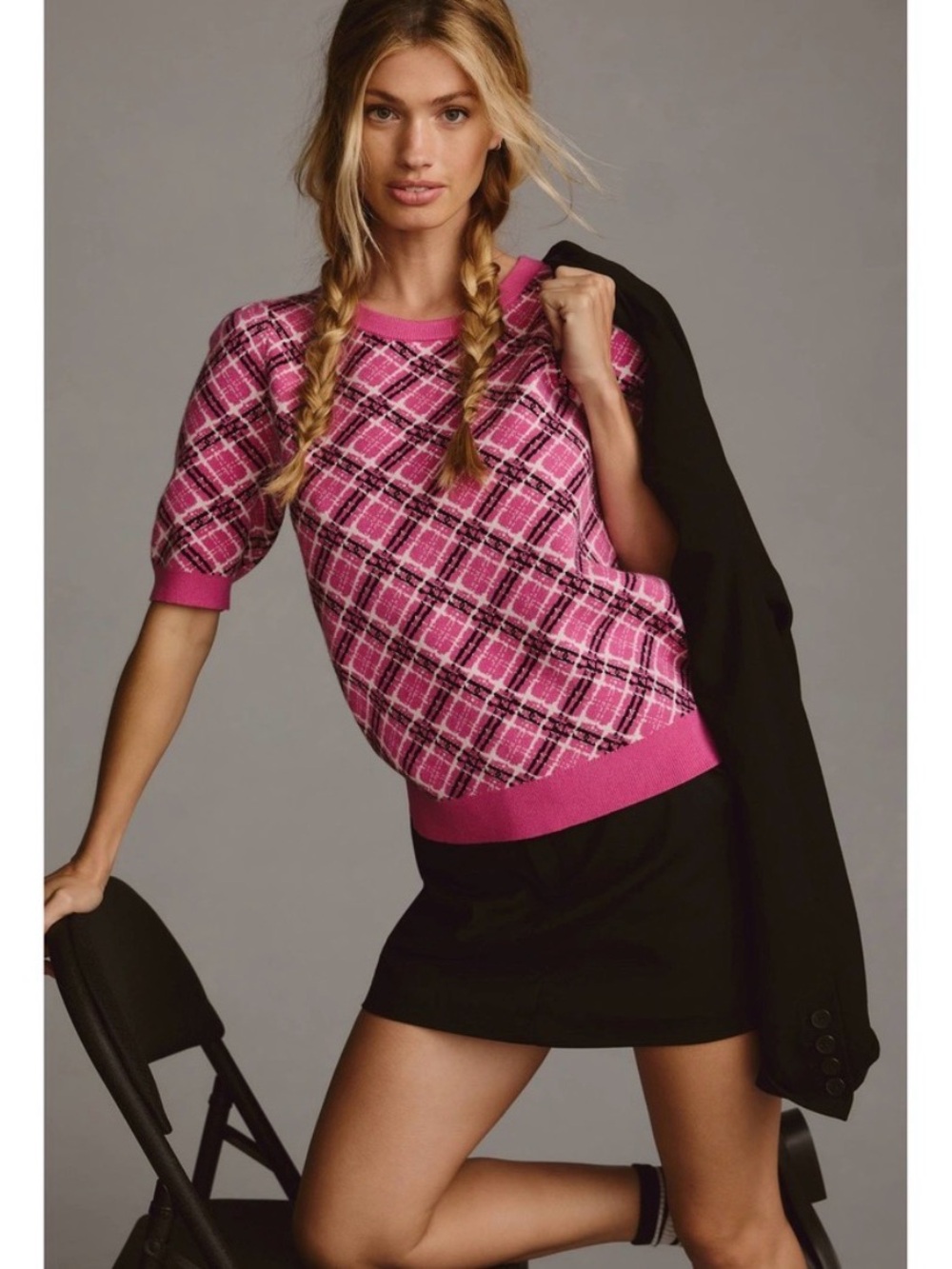 Maeve by Anthropologie pink plaid short sleeve preppy women’s sweater s small